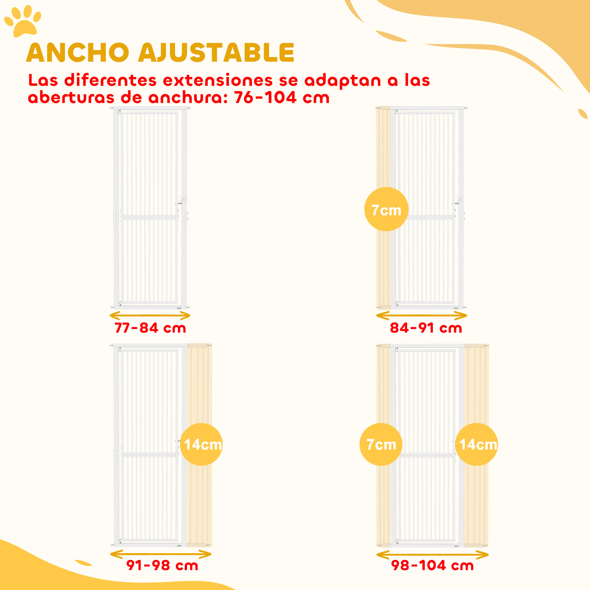 Barrera de Seguridad para Perros y Gatos Extra Alta 180 cm, Barrera para Perros Extensible 76-104 cm, Separación 3,5 cm, para Puertas y Escaleras, con Montaje a Presión, 2 Extensiones, Blanco