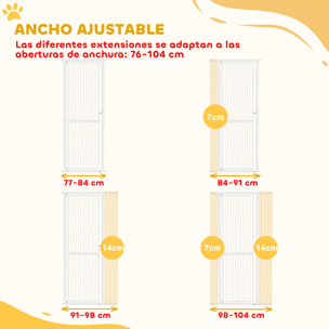 Barrera de Seguridad para Perros y Gatos Extra Alta 180 cm, Barrera para Perros Extensible 76-104 cm, Separación 3,5 cm, para Puertas y Escaleras, con Montaje a Presión, 2 Extensiones, Blanco