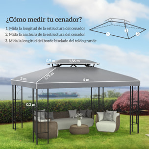 Techo de Repuesto para Cenador 4x3 m Cubierta de Repuesto con Techo Doble 10 Orificios de Drenaje y Protección UV Toldo de Recambio para Pabellón Gazebo Gris Claro