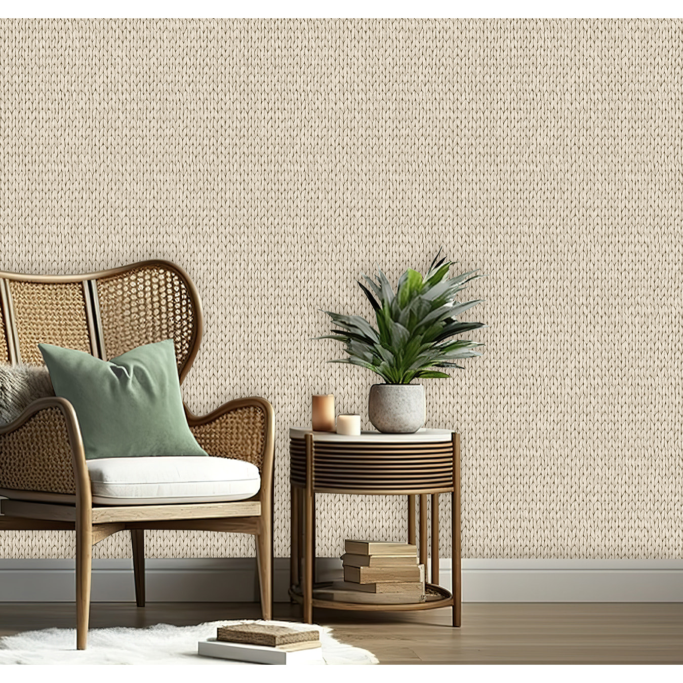 Papier peint effet maille tricot blanc ivoire