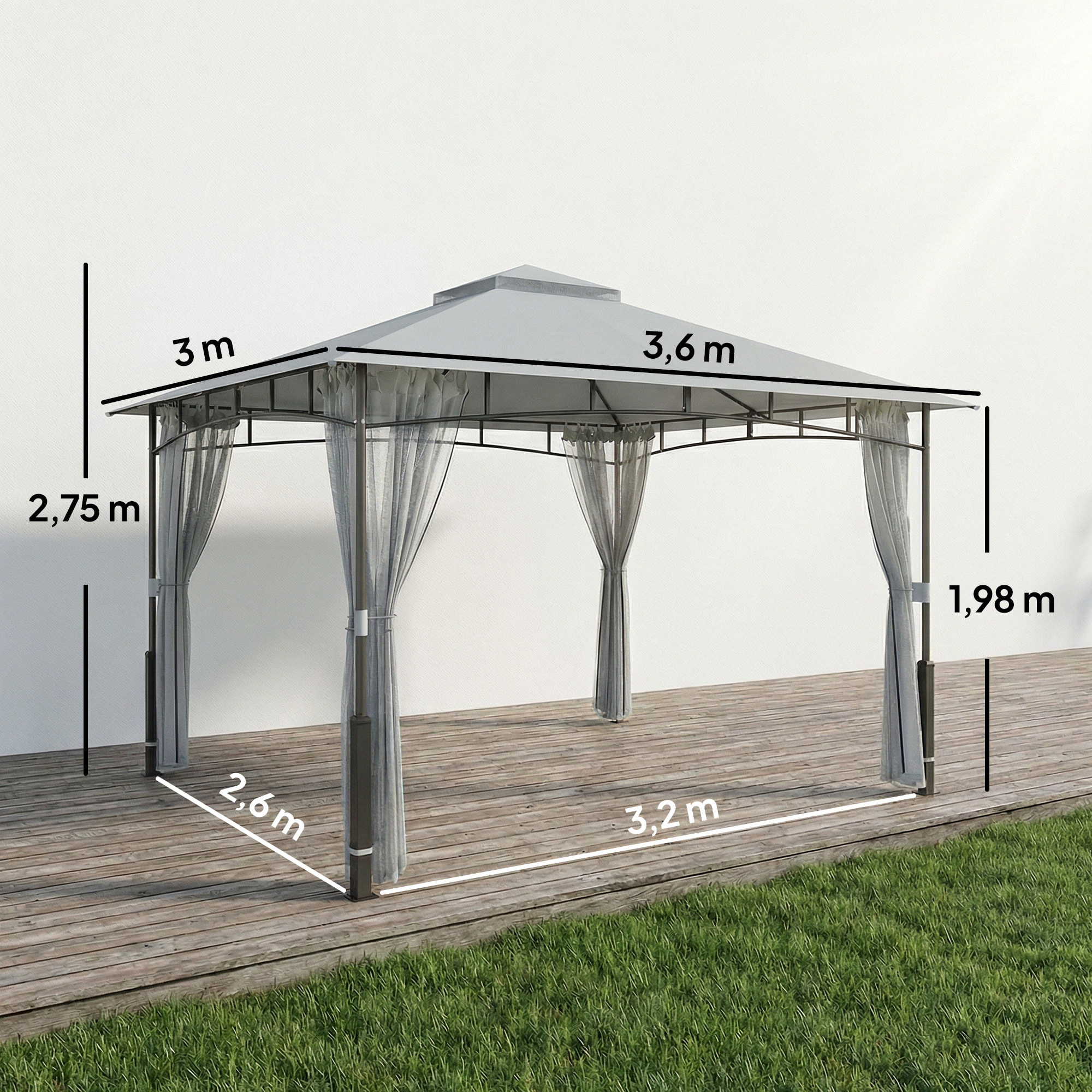 para Jardín 3x3,6 m, Pabellón de Jardín Gazebo con Doble Techo, Paredes de Malla, UPF50+, Estructura de Metal, Carpa para Exterior, Terraza, Patio, Gris