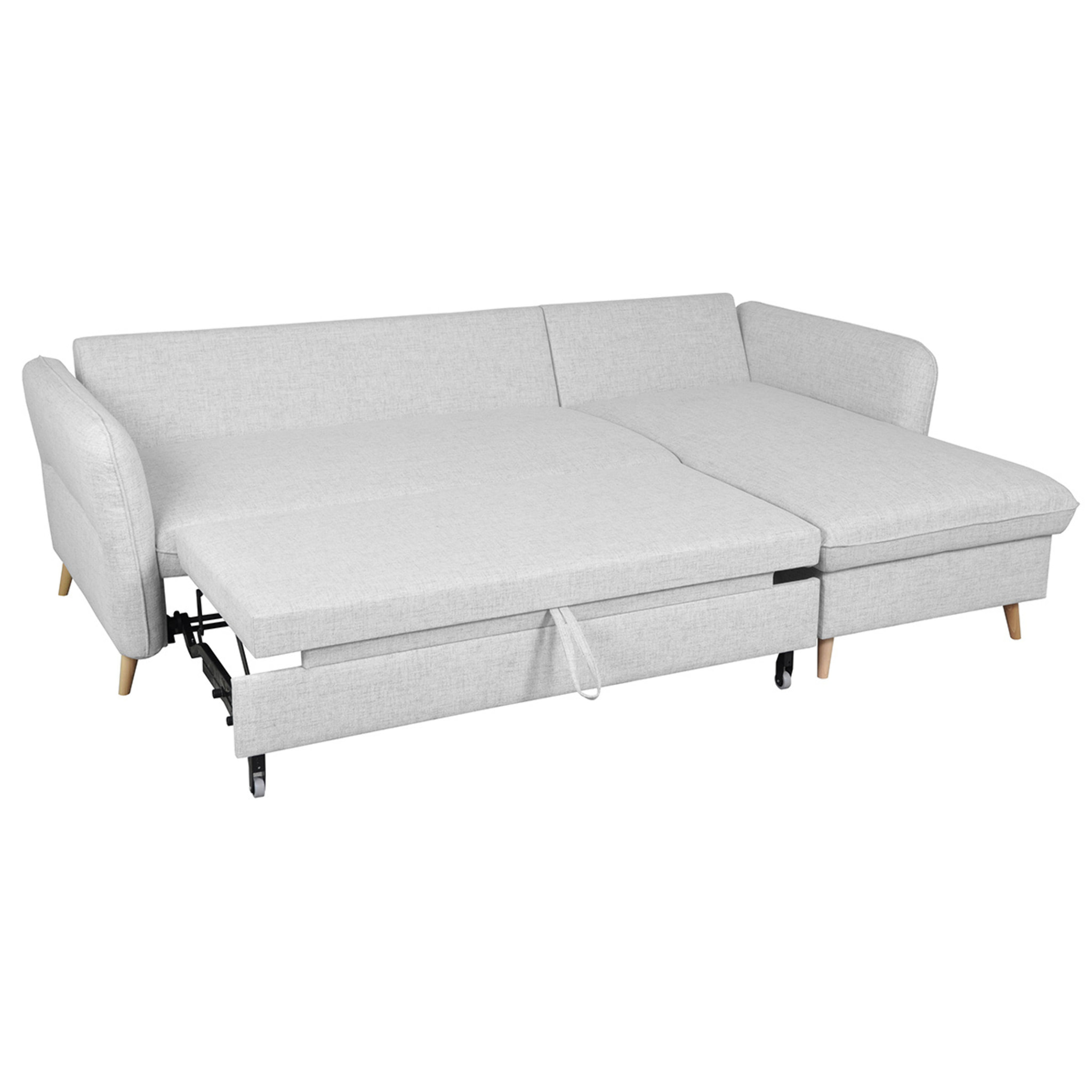 Canapé d'angle convertible réversible avec coffre 3-4 places en tissu gris clair et bois clair DRISS