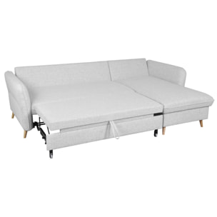 Canapé d'angle convertible réversible avec coffre 3-4 places en tissu gris clair et bois clair DRISS