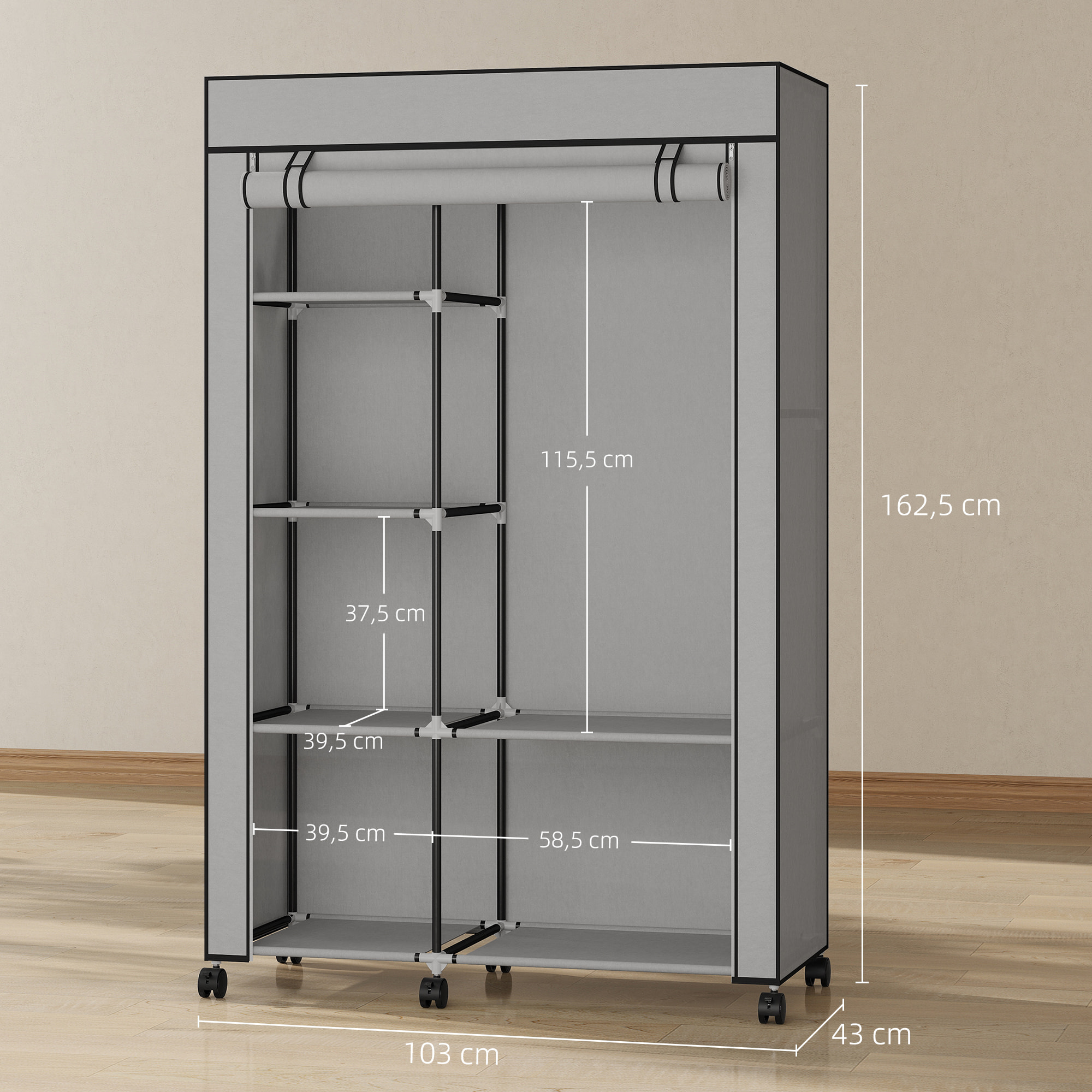 Armario de Tela con Ruedas, Armario Portátil, con Barra para Colgar, 6 Estantes, Marco de Acero, para Dormitorio, Vestidor, 103x43x162,5 cm, Gris Claro