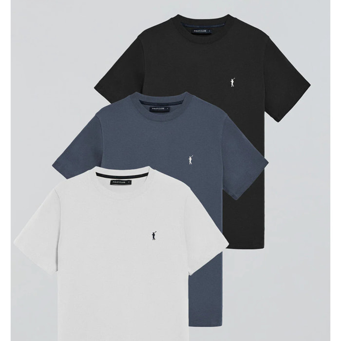 Pack di tre magliette a maniche corte nero, blu denim e bianca con logo Rigby Go