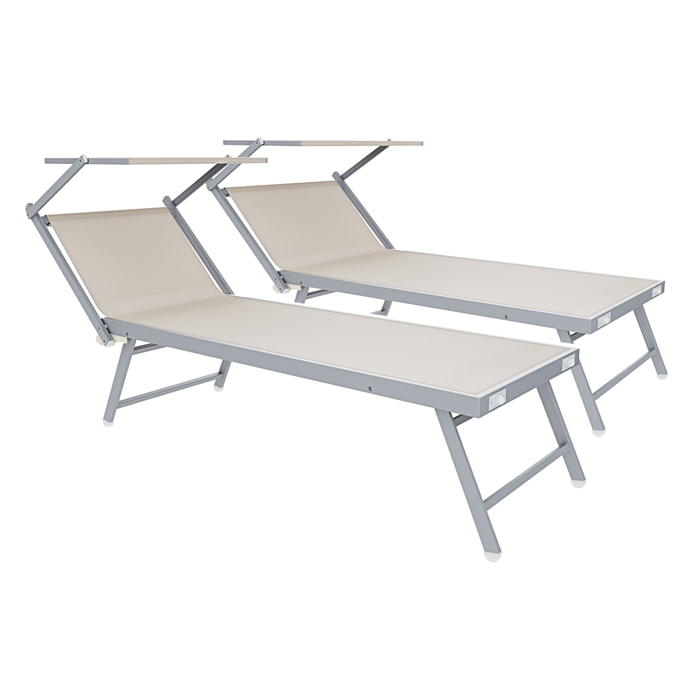 Coppia Di Lettini Prendisole Pieghevole Professionale in Alluminio e Tessuto Textilene Tettuccio Parasole Sdraio Mare Spiaggia 182x60x38 cm Beige