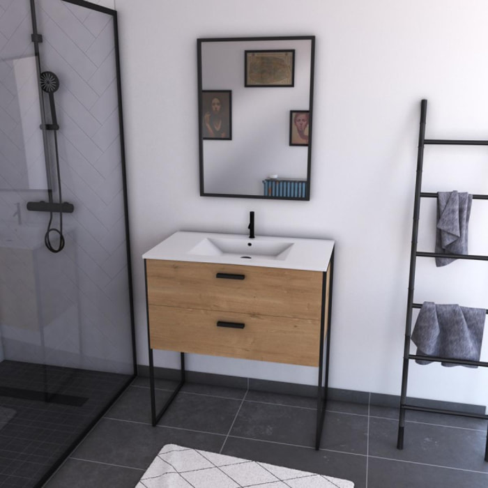 Pack salle de bain avec miroir et vasque en céramique - Bois