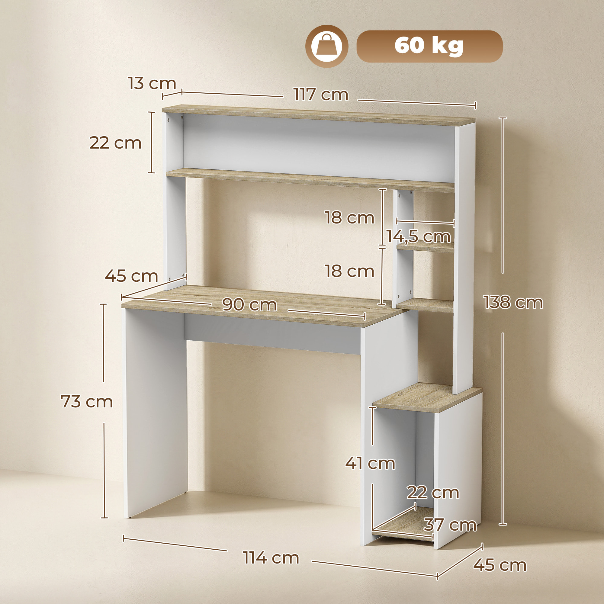 Mesa de Escritorio con Estanterías Mesa de Ordenador Moderna con Estantes Soporte para Monitor CPU de Oficina Estudio 114x45x138 cm Blanco y Natural