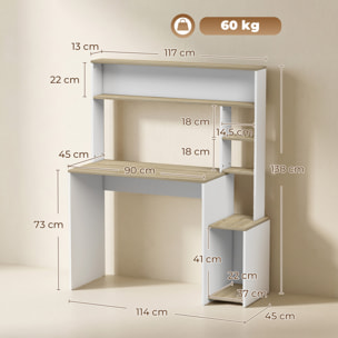 Mesa de Escritorio con Estanterías Mesa de Ordenador Moderna con Estantes Soporte para Monitor CPU de Oficina Estudio 114x45x138 cm Blanco y Natural