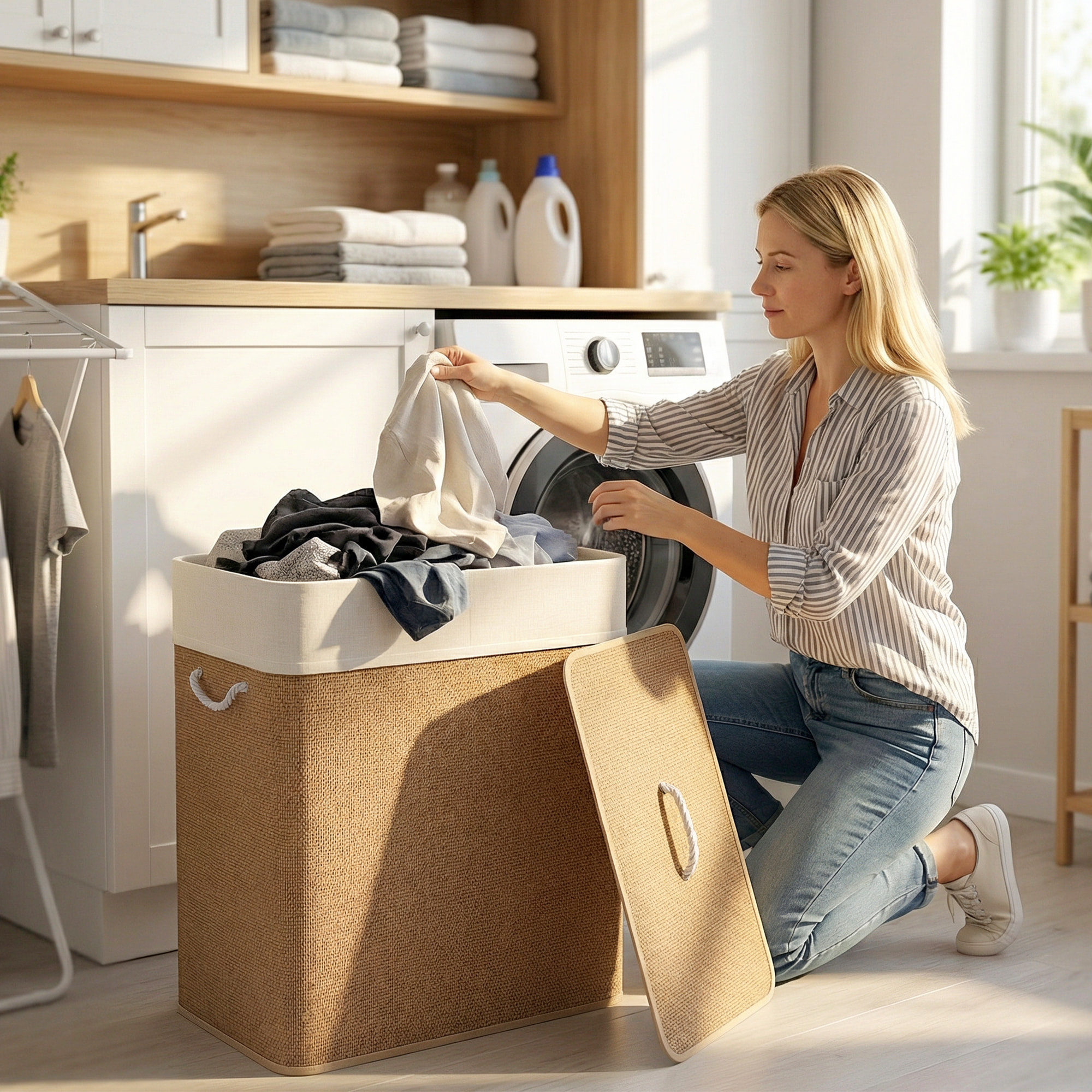 Cesto de Ropa Sucia con Tapa 100L Cesta Colada de Bambú con 2 Compartimentos Bolsa Interior Extraíble para Lavandería Dormitorio 52x32x63 cm Marrón
