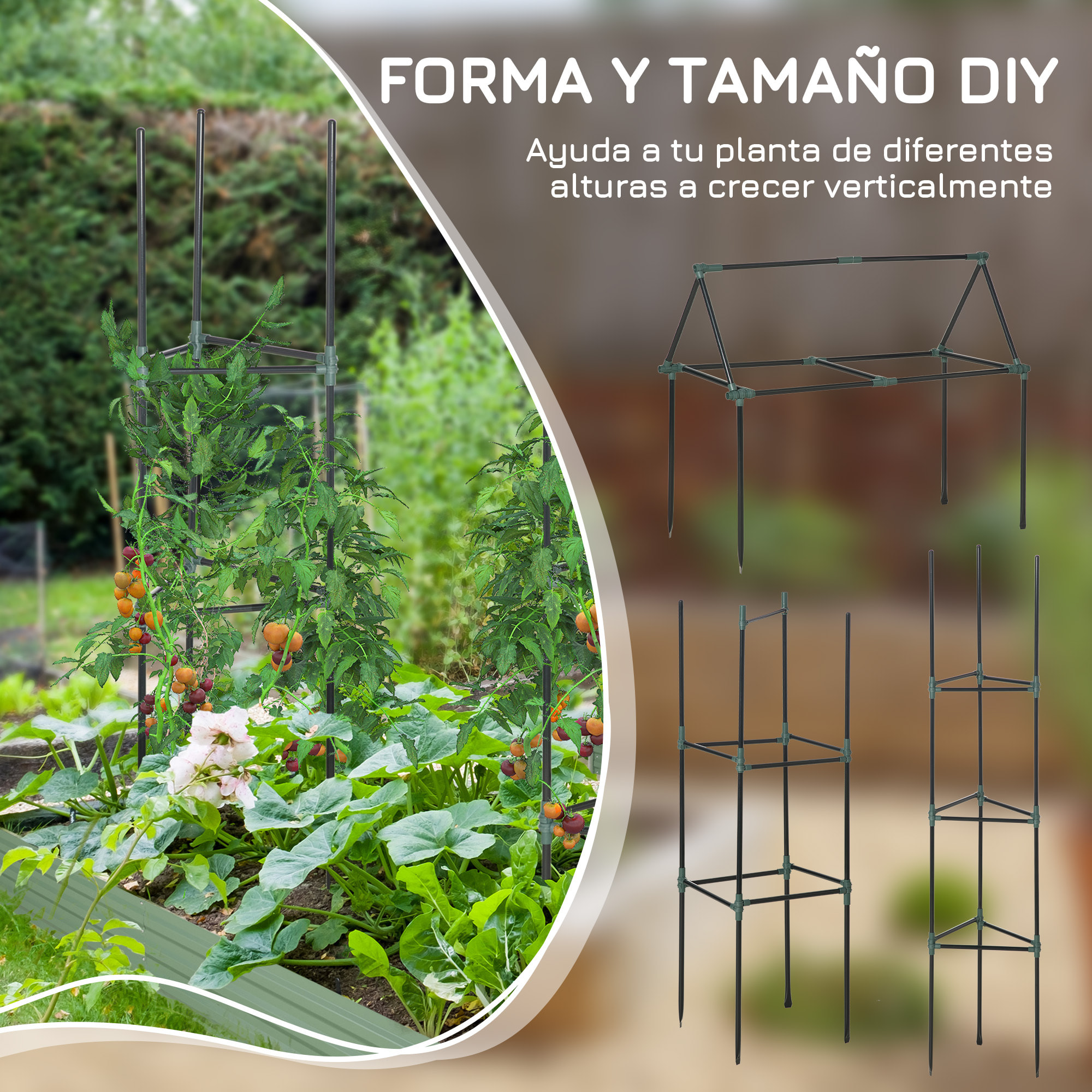 Juego de 3 Enrejados de Jardín Soportes para Plantas Trepadoras con Marco de Acero para Frutas Verduras Flores Decoración Exterior Patio Terraza 38x38x182 cm Verde