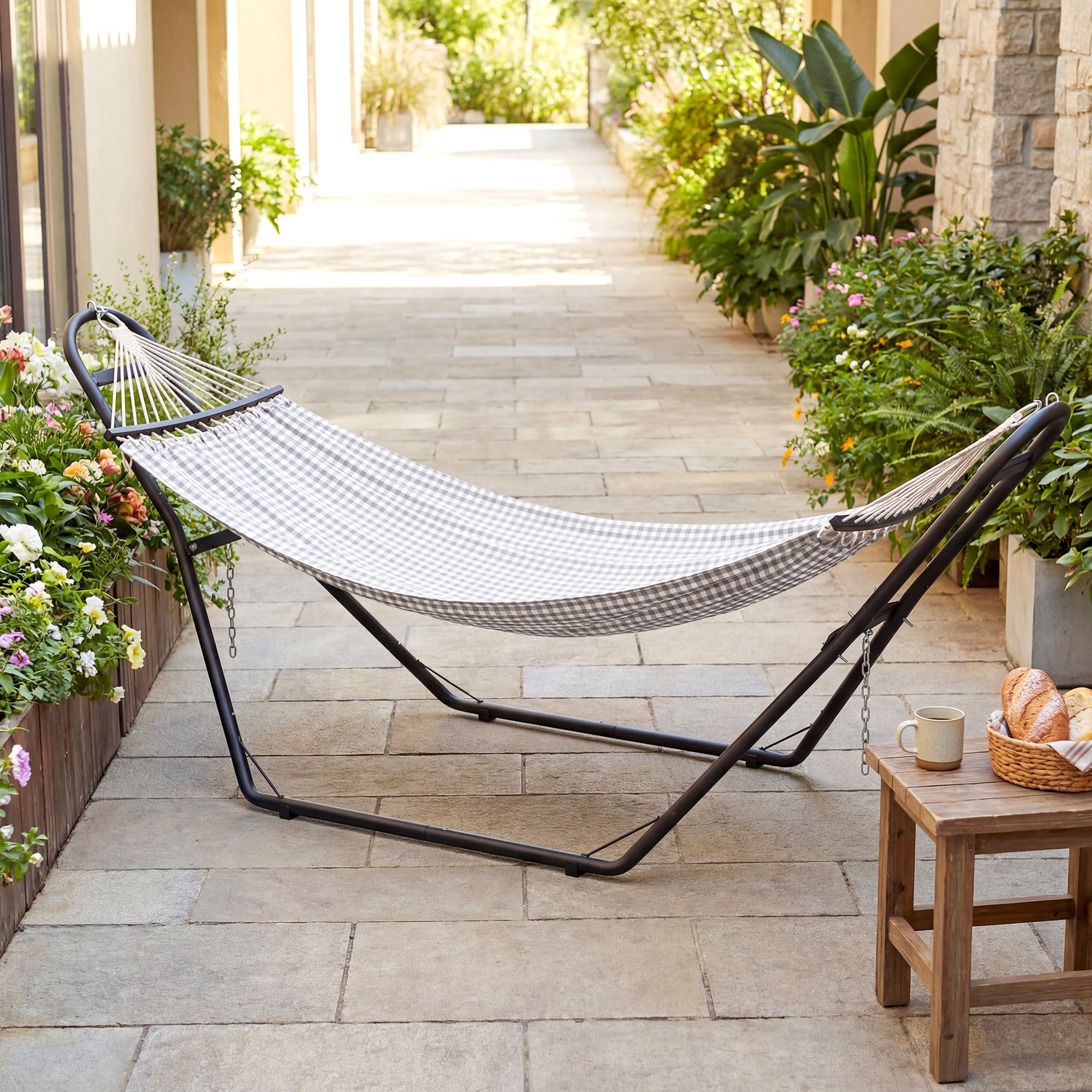 Soporte para Hamaca para 2-3 Personas, Largo 278 cm, Cadena Ajustable, con Estructura de Acero, Ganchos en S, Pies Antideslizantes, para Hamacas de 2,75-4 m, Carga 150 kg, Negro