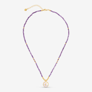 Collana con Ametista Viola e Pendente Luna Martellato in Madreperla