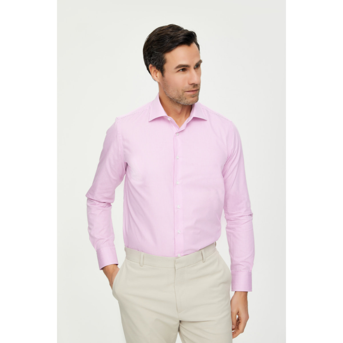 Camicia Uomo 1 Bottone Francese Slim Cotone Riga Stretta Rosa Fucsia/Bianco