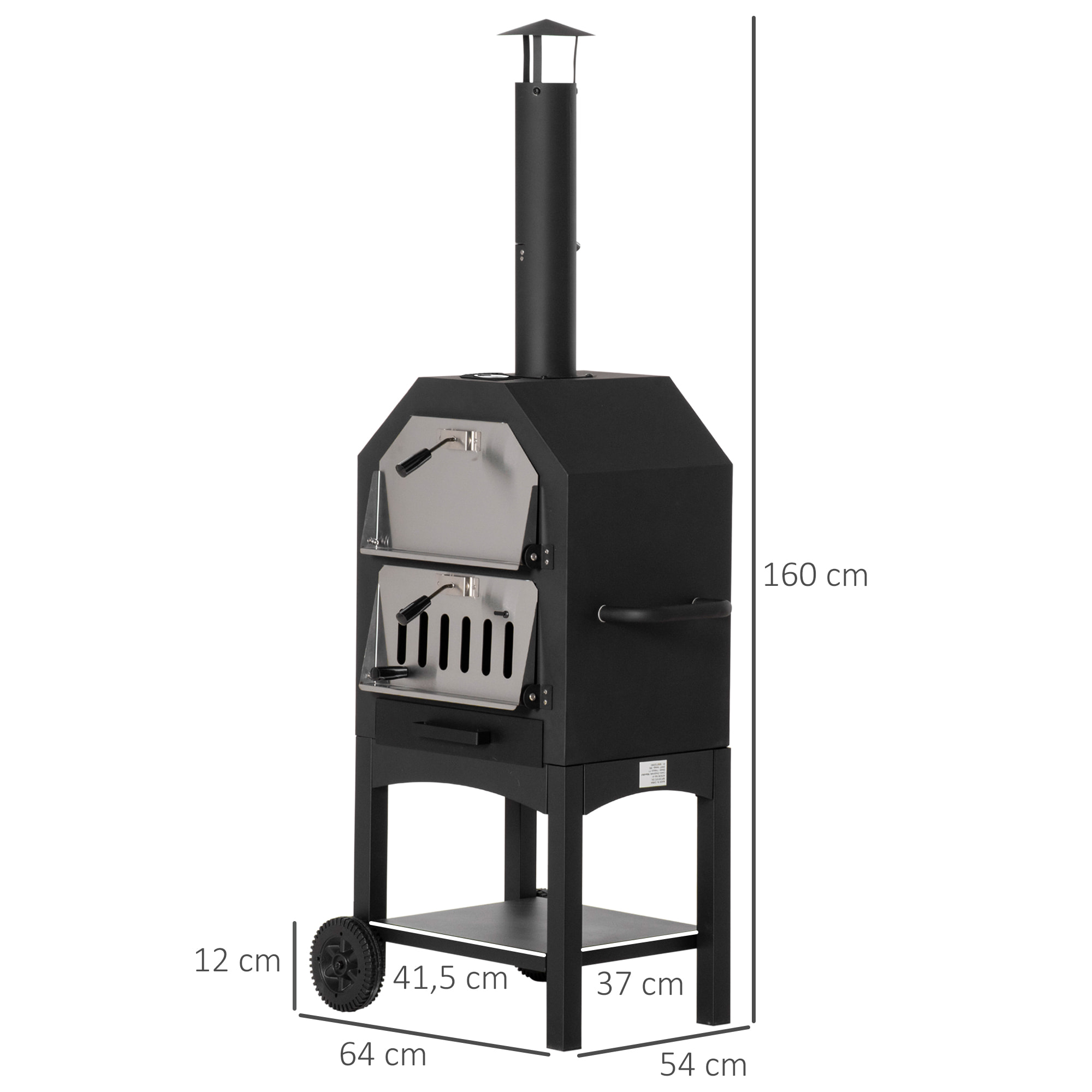 Outsunny Horno de Pizza Exterior con 2 Capas Horno de Leña con Ruedas Cajón Extraíble Estante de Almacenamiento para Terraza Camping Patio 64x54x160 cm Negro