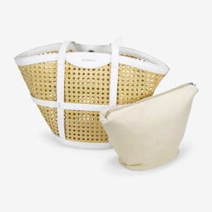 Bolso de hombro beige con rejilla de mimbre