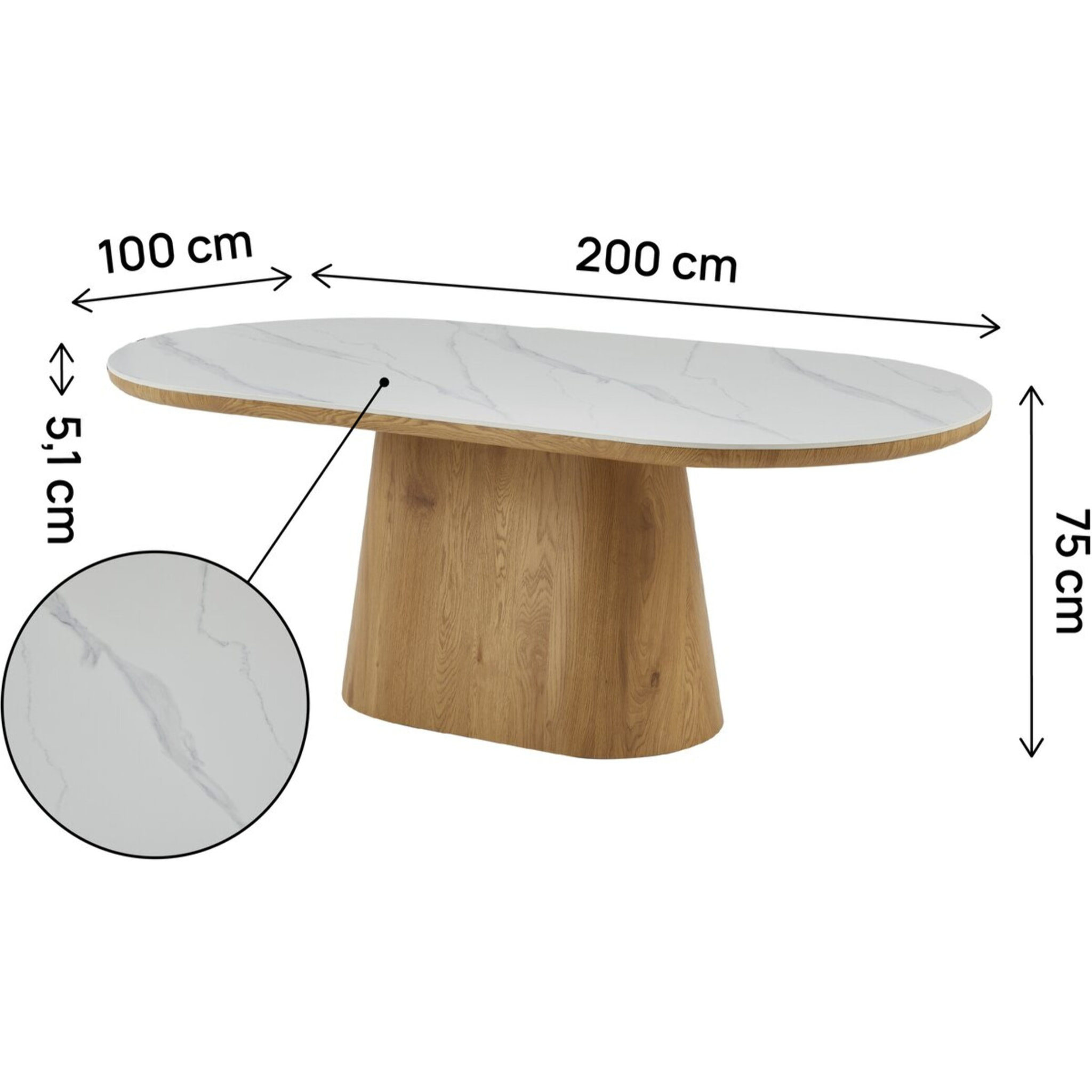 Table de repas en bois ovale en céramique "Bellagio" - 8 places - Blanc et marron