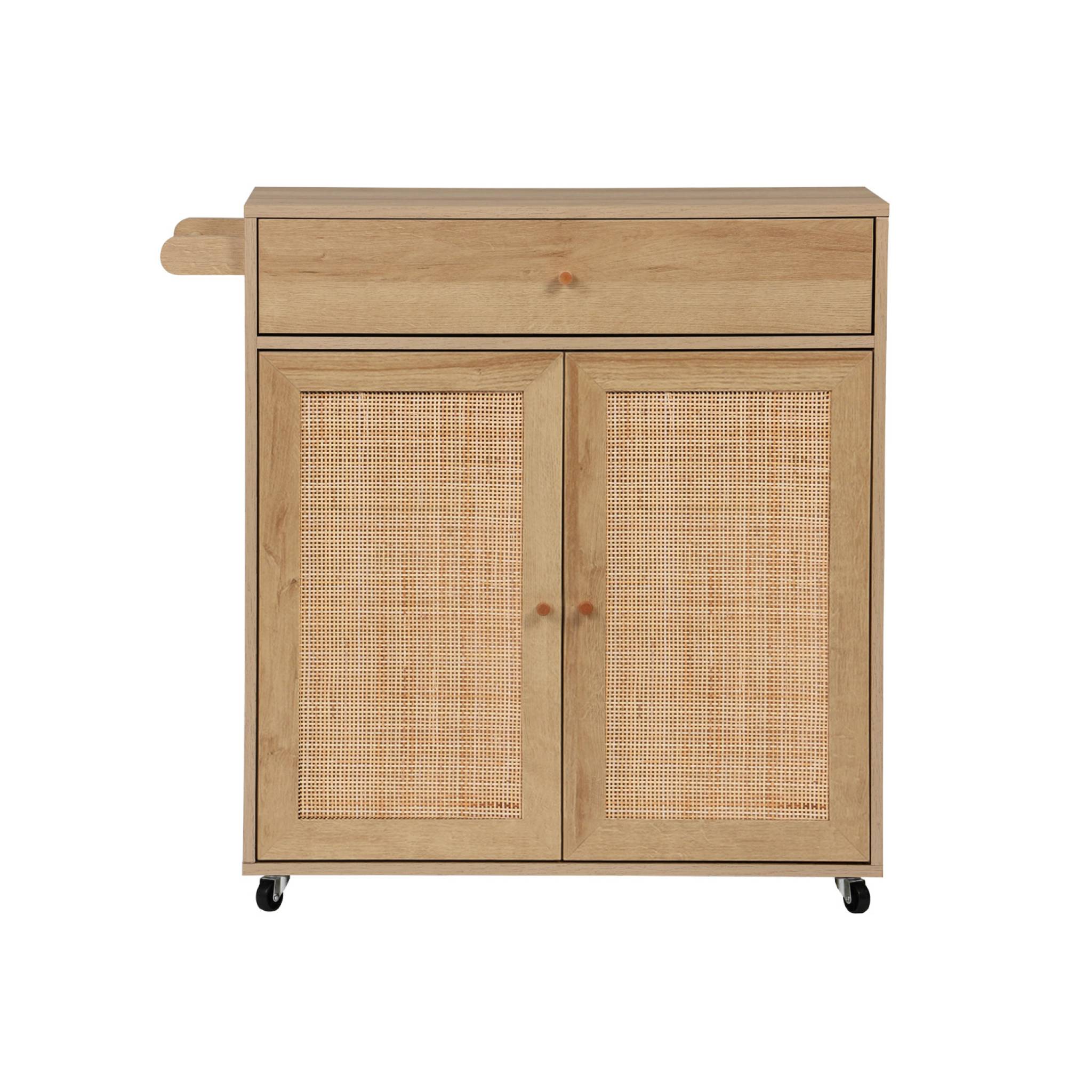 Desserte de cuisine BOHEME décor bois et cannage 1 poignée 1 tiroir 2 portes 4 roues. Naturel