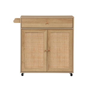 Desserte de cuisine BOHEME décor bois et cannage 1 poignée 1 tiroir 2 portes 4 roues. Naturel