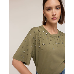 Motivi - Camiseta con aplicaciones joya de piedras - Verde militare