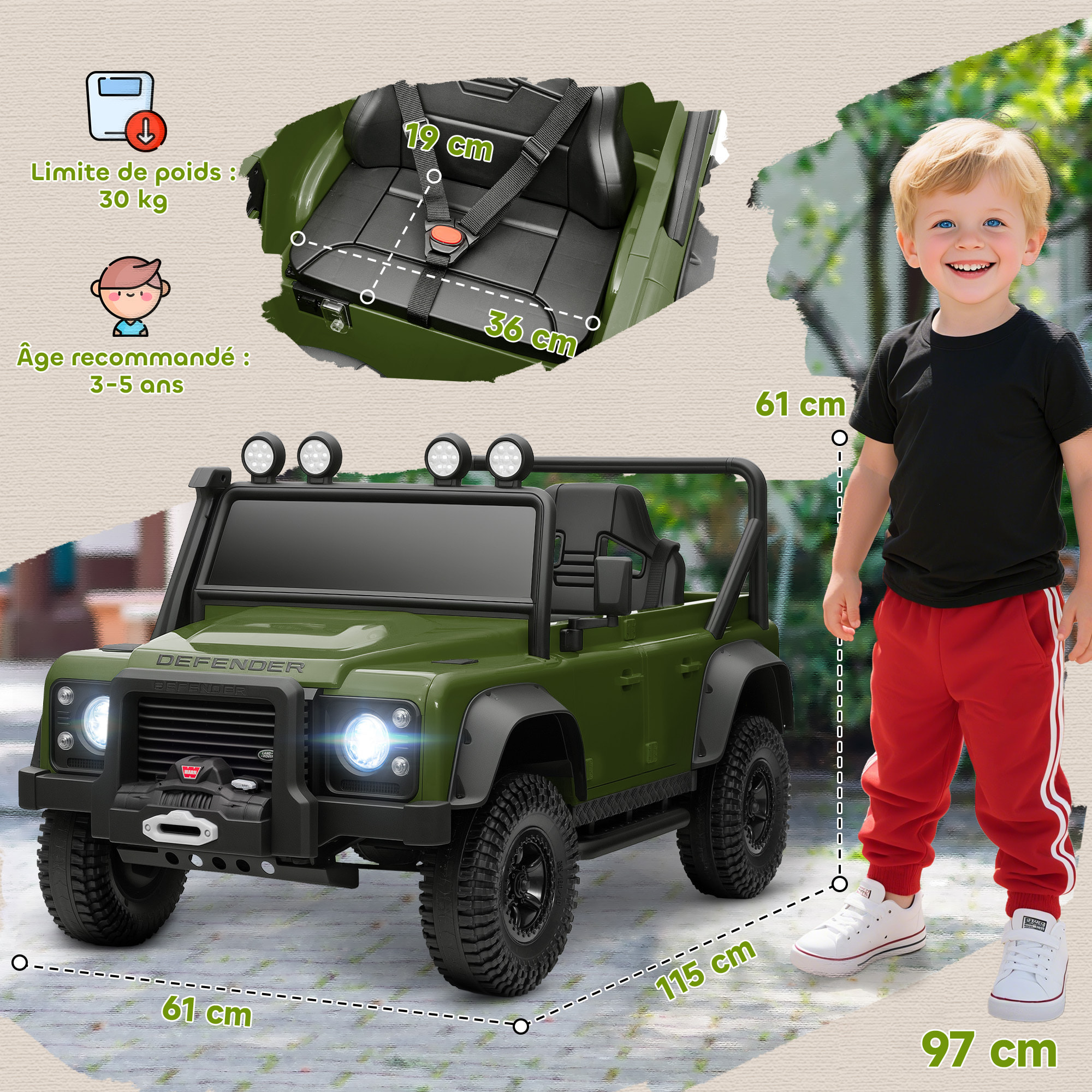 Voiture électrique enfant Land Rover Defender 110 SVX 12V 5Km/h max. télécommande vert