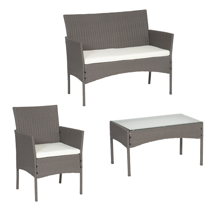 Salon de jardin CORDOUE en résine tressée gris 4 places - coussins ivoire