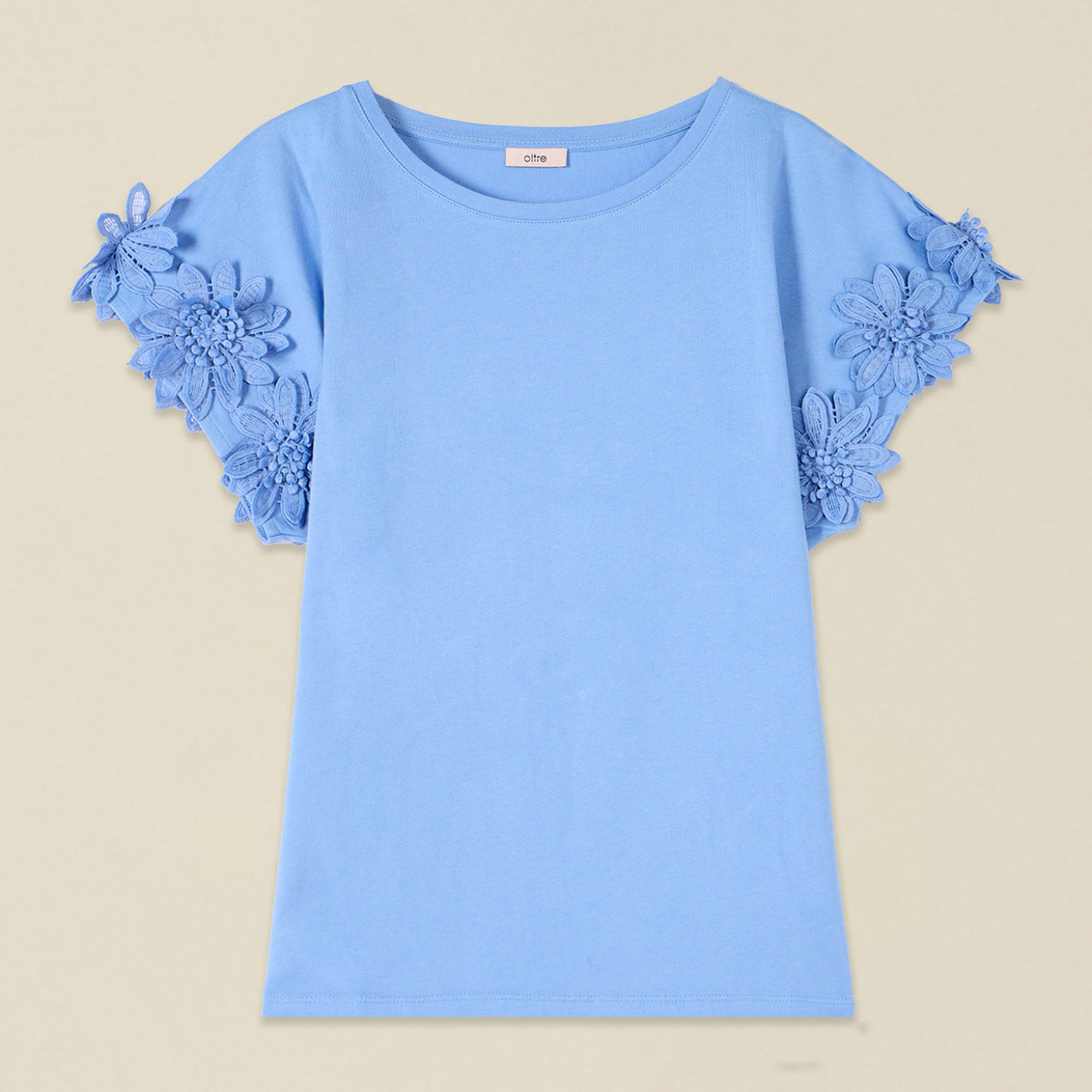 Oltre - T-shirt con applicazioni floreali in pizzo - Azzurro