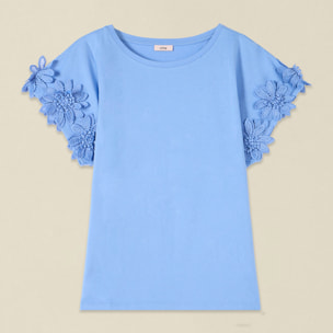 Oltre - T-shirt con applicazioni floreali in pizzo - Azzurro