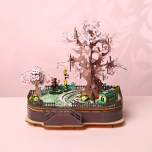 Maqueta de Madera 3D, con movimiento mecánico diseño cerezo en flor con luz y música. 446 piezas.
