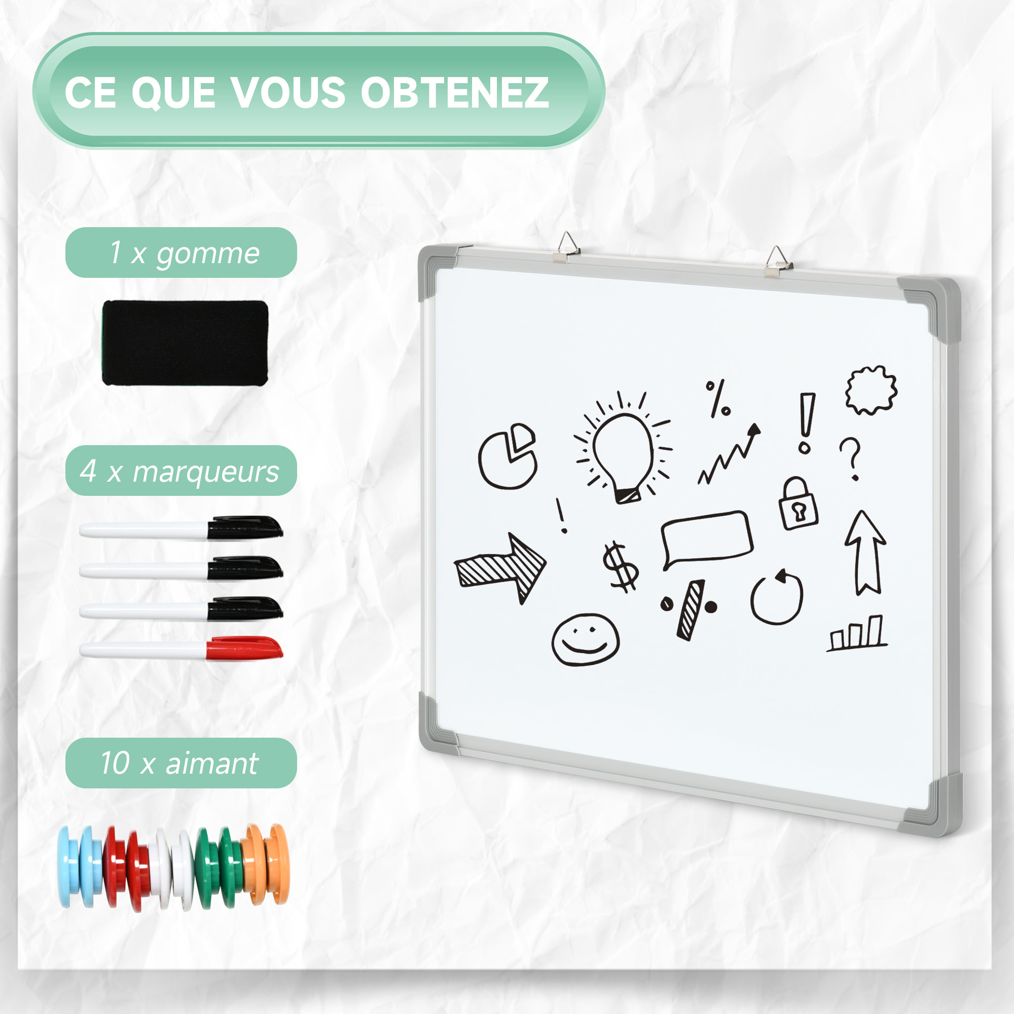 Tableau blanc aimanté magnétique dim. 60L x 45H cm nombreux accessoires inclus cadre aluminium