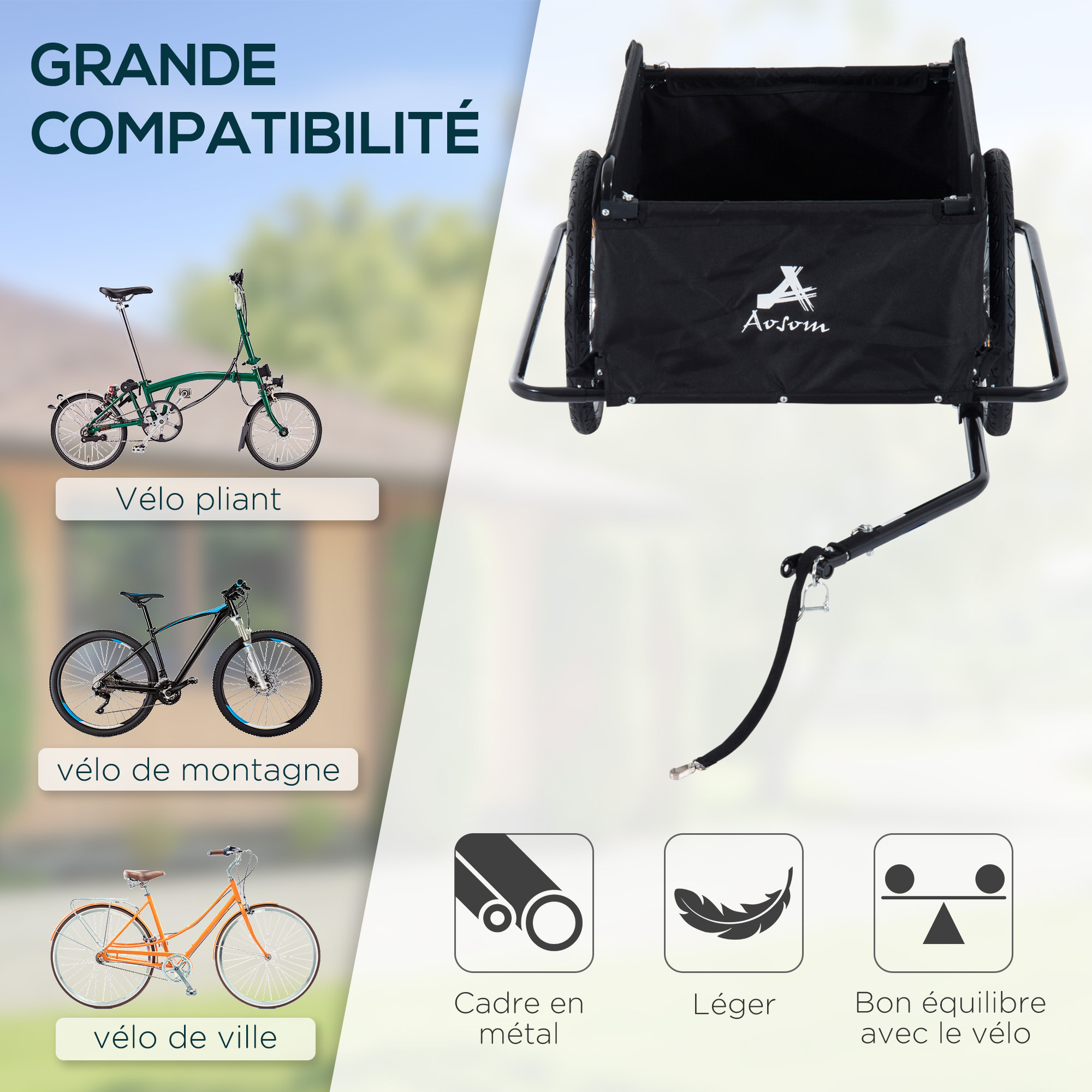 Remorque de transport velo cargo pliable charge max.60kg avec 4 reflecteurs et housse amovible rouge noir