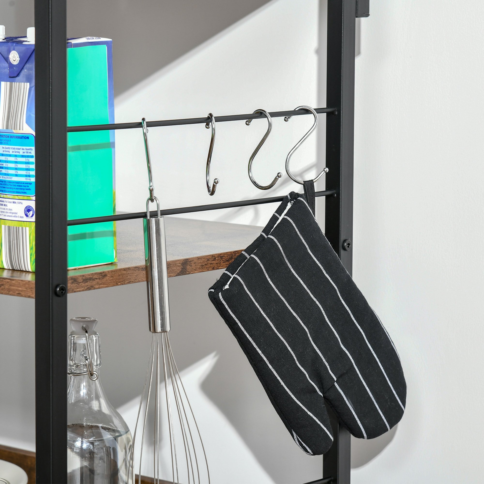 Estantería de Cocina de 4 Niveles Estante de Cocina con Ganchos Estantería para Microondas 60x40x125 cm Marrón Rústico y Negro