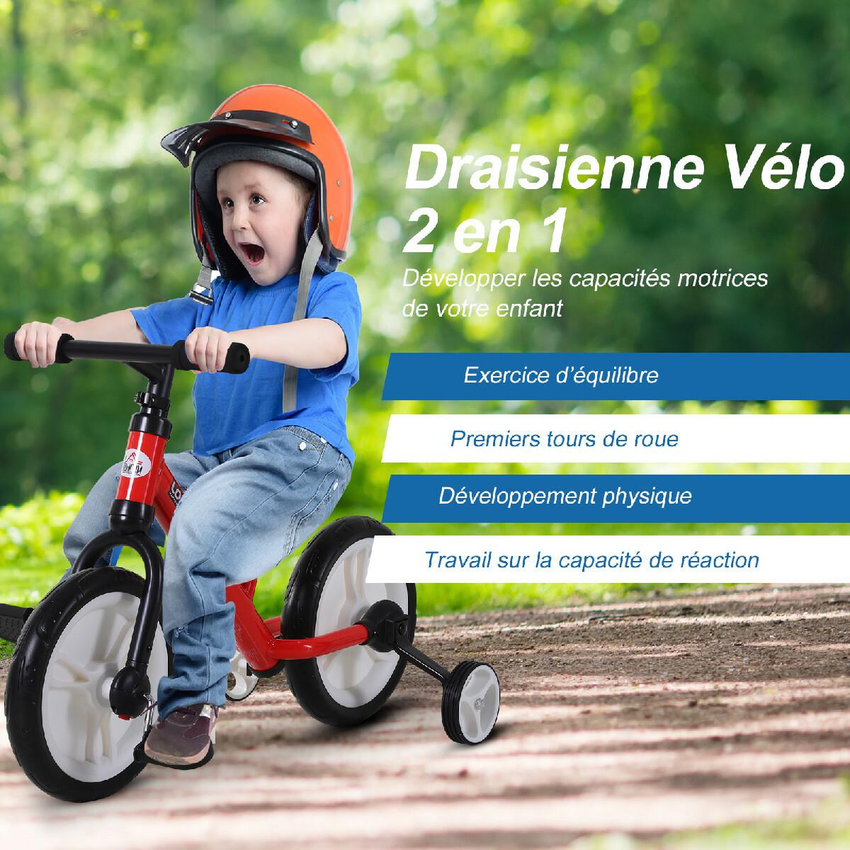 Vélo enfant draisienne 2 en 1 roulettes et pédales amovibles roues 11'' hauteur selle réglable acier rouge