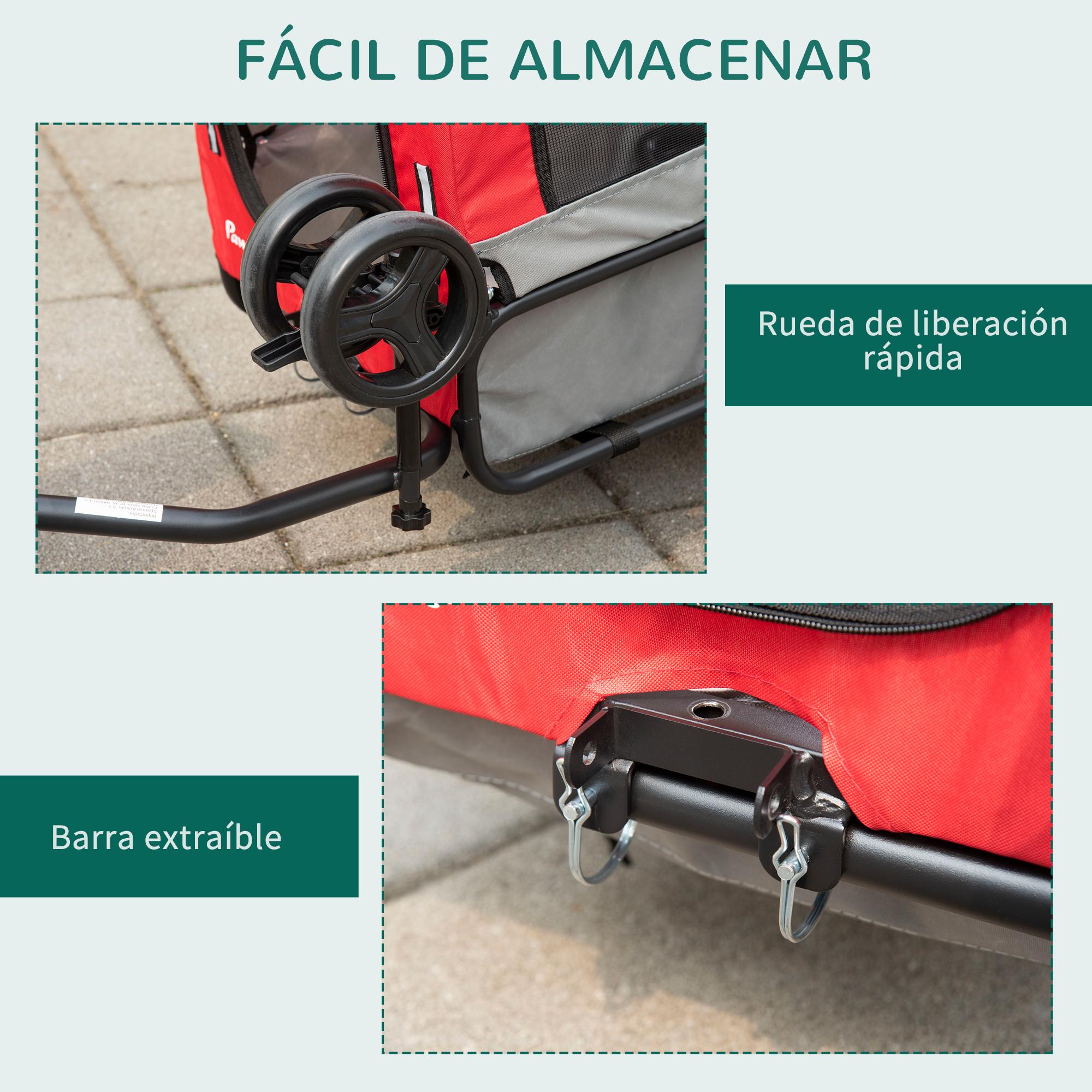 Remolque de Bicicleta para Perros 2 en 1 Carrito para Perros de Acero con Cinturón de Seguridad Mango de Empuje Extraíble Bandera y Reflectores 129x55,5x92 cm Rojo