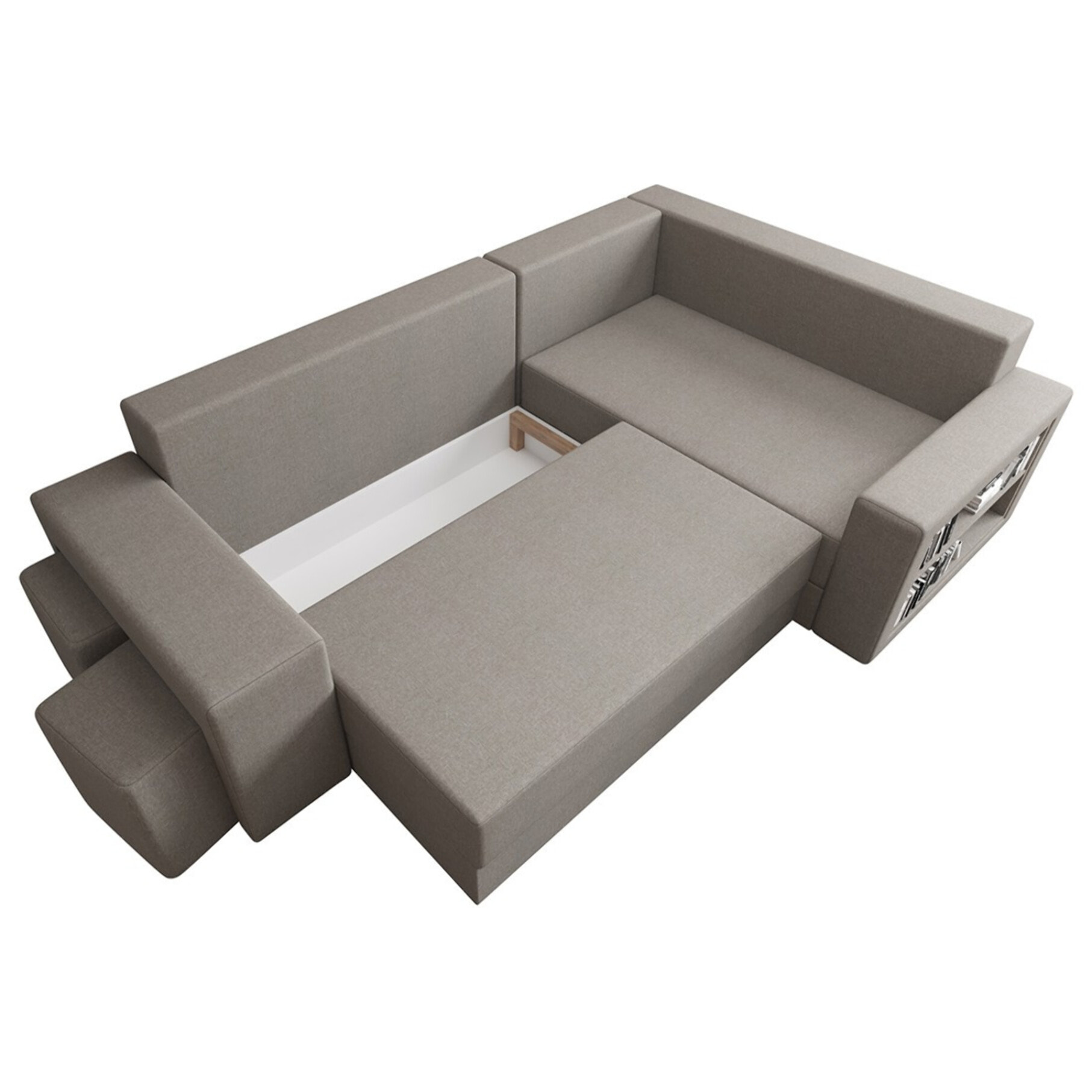 Libbie - Canapé d'angle droit 4 places convertible avec coffre, étagère et poufs en tissu - Gris