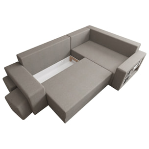 Libbie - Canapé d'angle droit 4 places convertible avec coffre, étagère et poufs en tissu - Gris