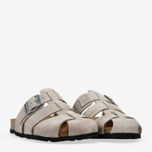 Zuecos de piel piedra con hebilla y suela de corcho