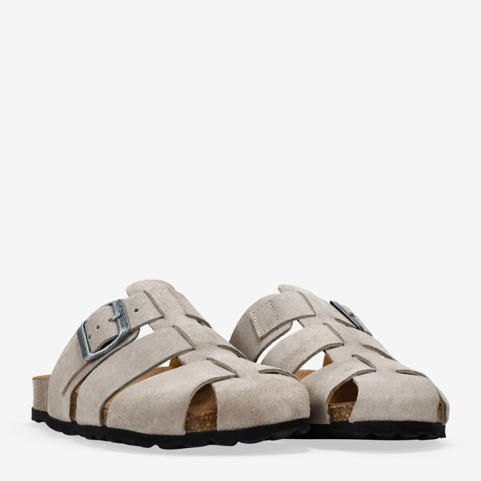 Zuecos de piel piedra con hebilla y suela de corcho