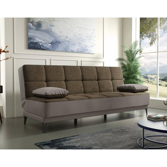 Divano letto Jordi, Divano letto a 3 posti con piedini in metallo nero , Sofà da soggiorno in tessuto imbottito con apertura click-clack, 190x87h97 cm, Grigio E Marrone