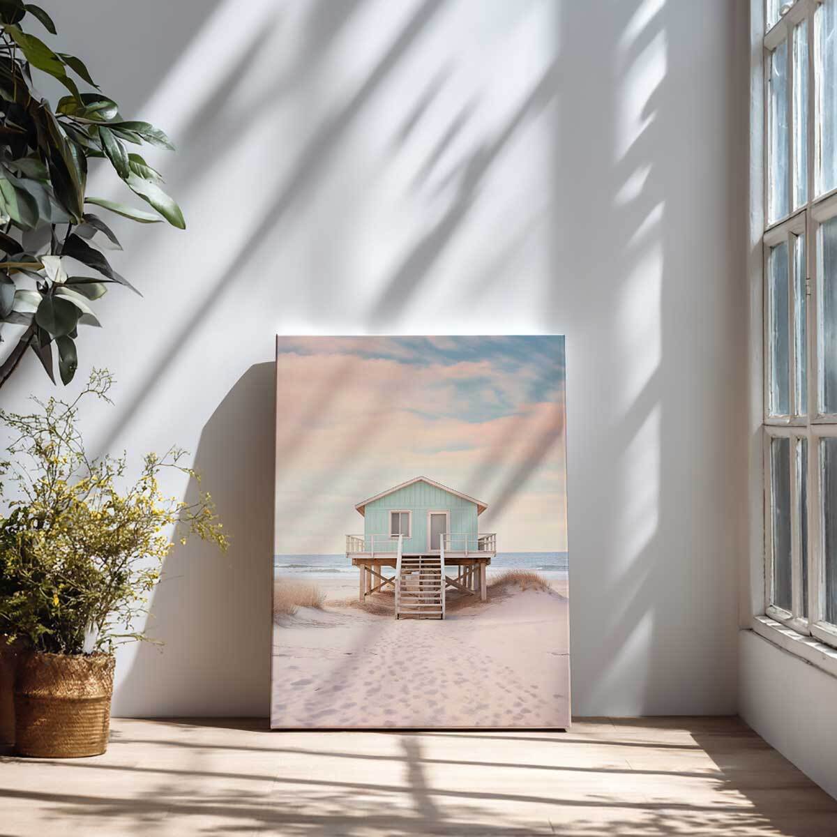 Tableau mer et plage Cabanon bleu pastel Toile imprimée
