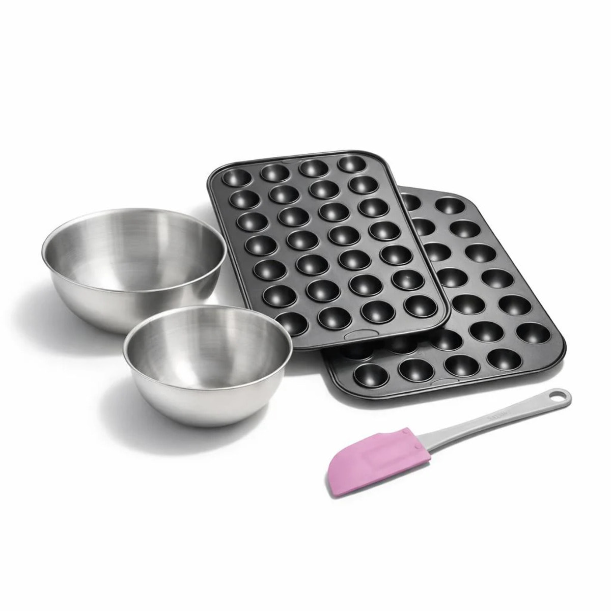 Ensemble avec 1 Moule pop cake 24 empreintes et 48 bâtonnets, 1 spatule Zenker et 2 bols à mixer en inox Fackelmann