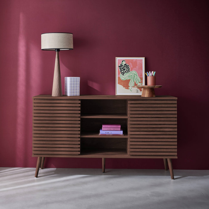 Buffet scandinave décor bois rainuré 2 portes coulissantes 140cm MADERE