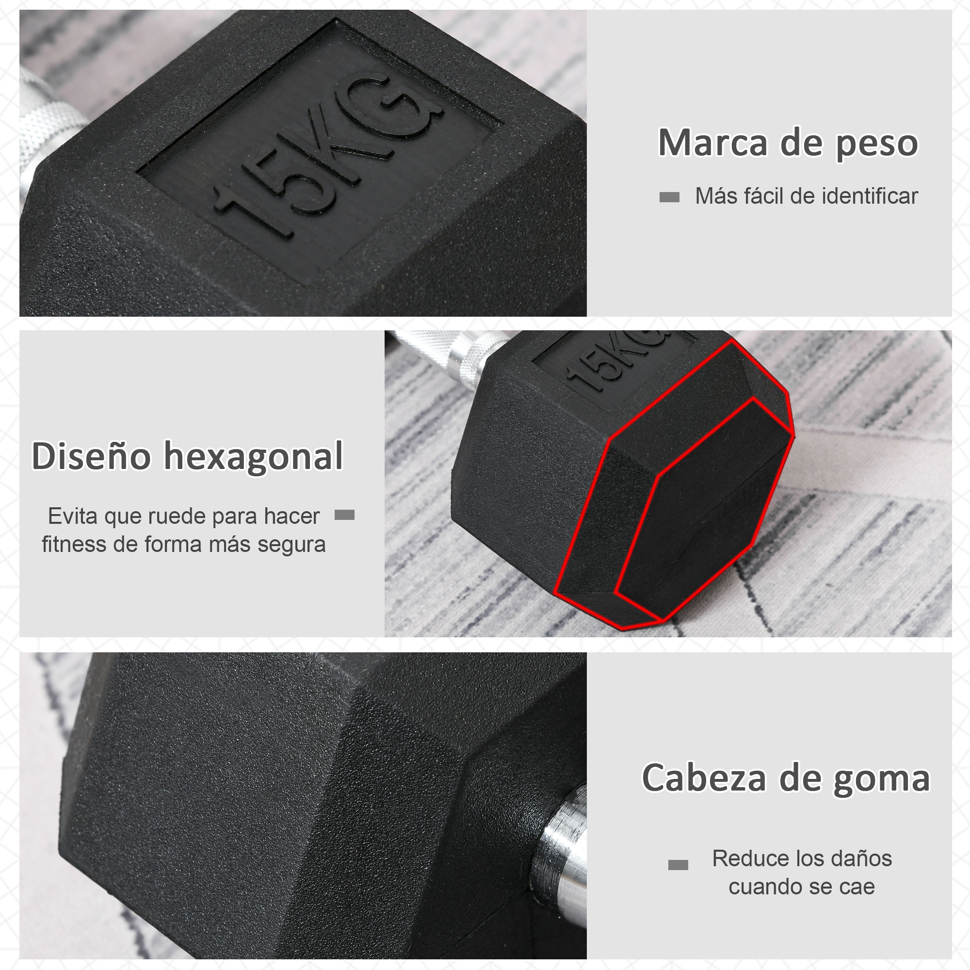 Mancuerna Hexagonal 15 KG Mancuerna con Barra de Conexión Metálica para Entrenamiento en Casa Gimnasio Oficina Negro y Plata