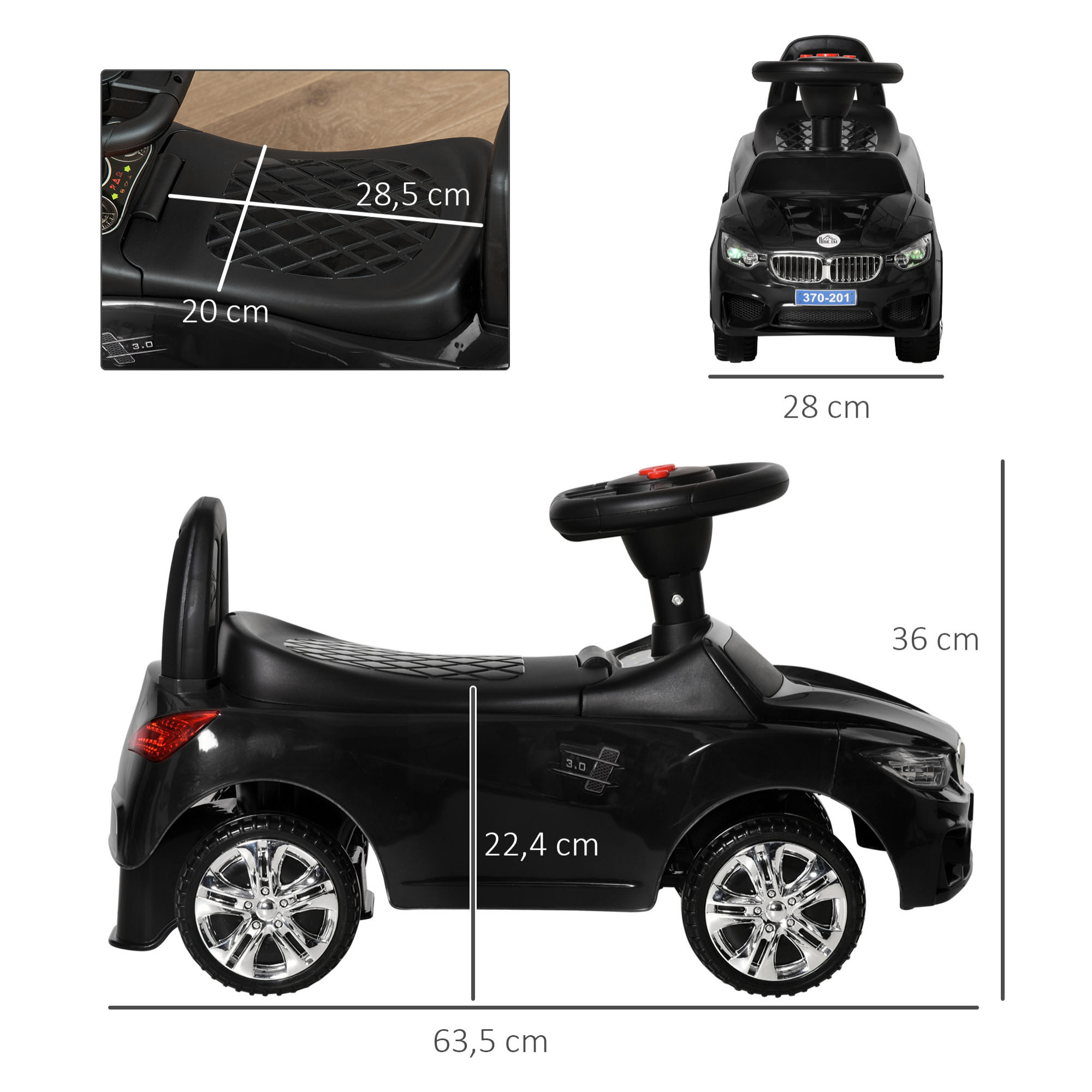 Porteur enfant voiture 18-36 mois assise coffre effets lumineux sonores noir