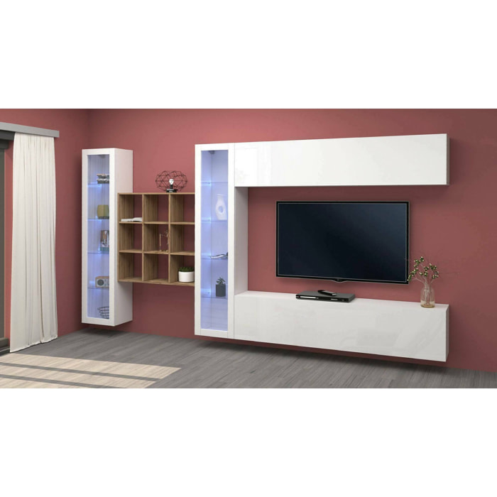 Parete attrezzata Gustavo, Set salotto porta TV a 4 ante, Mobile soggiorno multiuso con vetrina e luce LED, 100% Made in Italy, cm 350x30h180, Bianco lucido