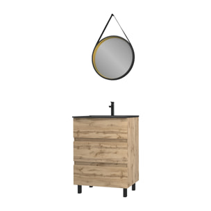 Pack Meuble SDB 60cm sur pieds 3 tiroirs Chene_Vasque noire + Miroir Barber - TIMBER 60 - Pack40