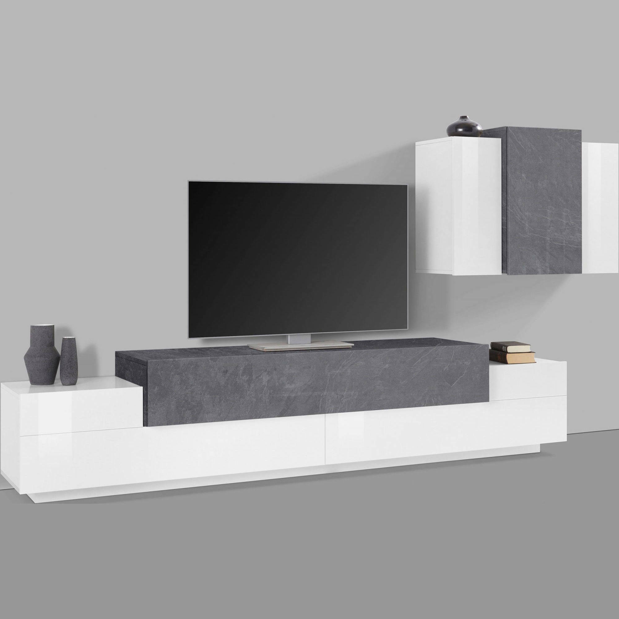 Parete attrezzata Alaskino, Set salotto porta TV, Mobile soggiorno multiuso, 100% Made in Italy, cm 240x45h180, Bianco lucido e Ardesia