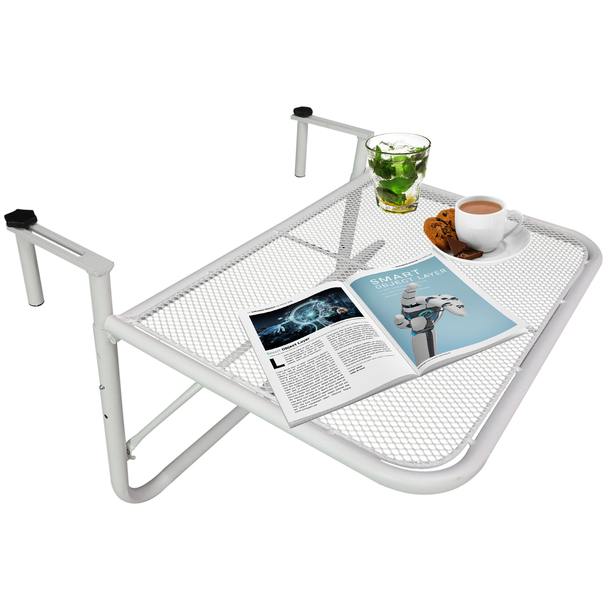 Mesa Colgante de Balcón con Brazo Regulable y Altura Ajustable en 3 Posiciones Marco Metálico Carga Máx. 30 kg 60x56,5x45 cm Blanco