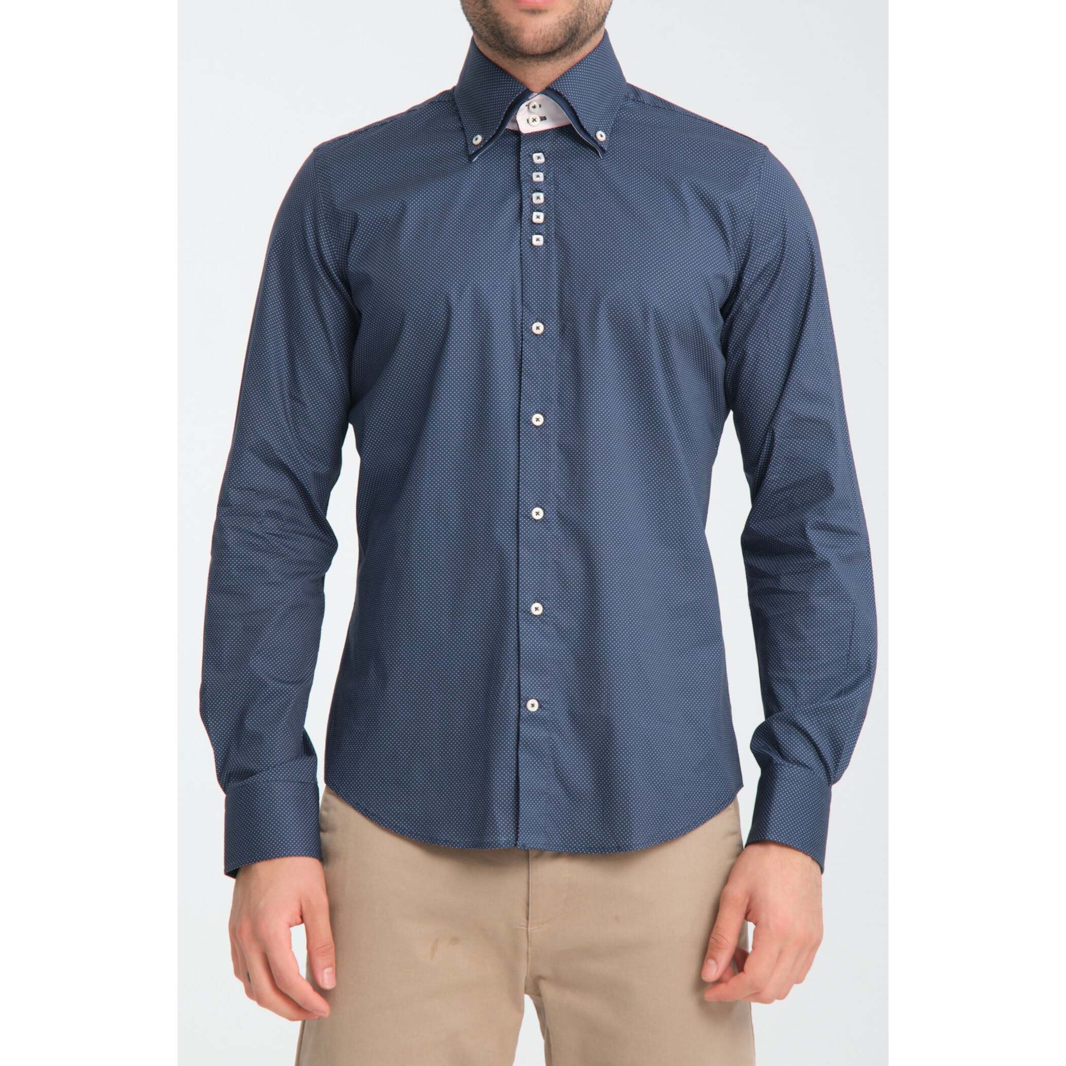 Camicia Uomo 2 Bottoni Button Down 7bottoni Doppio Coll Jacquard Fantasia Blu/Celeste