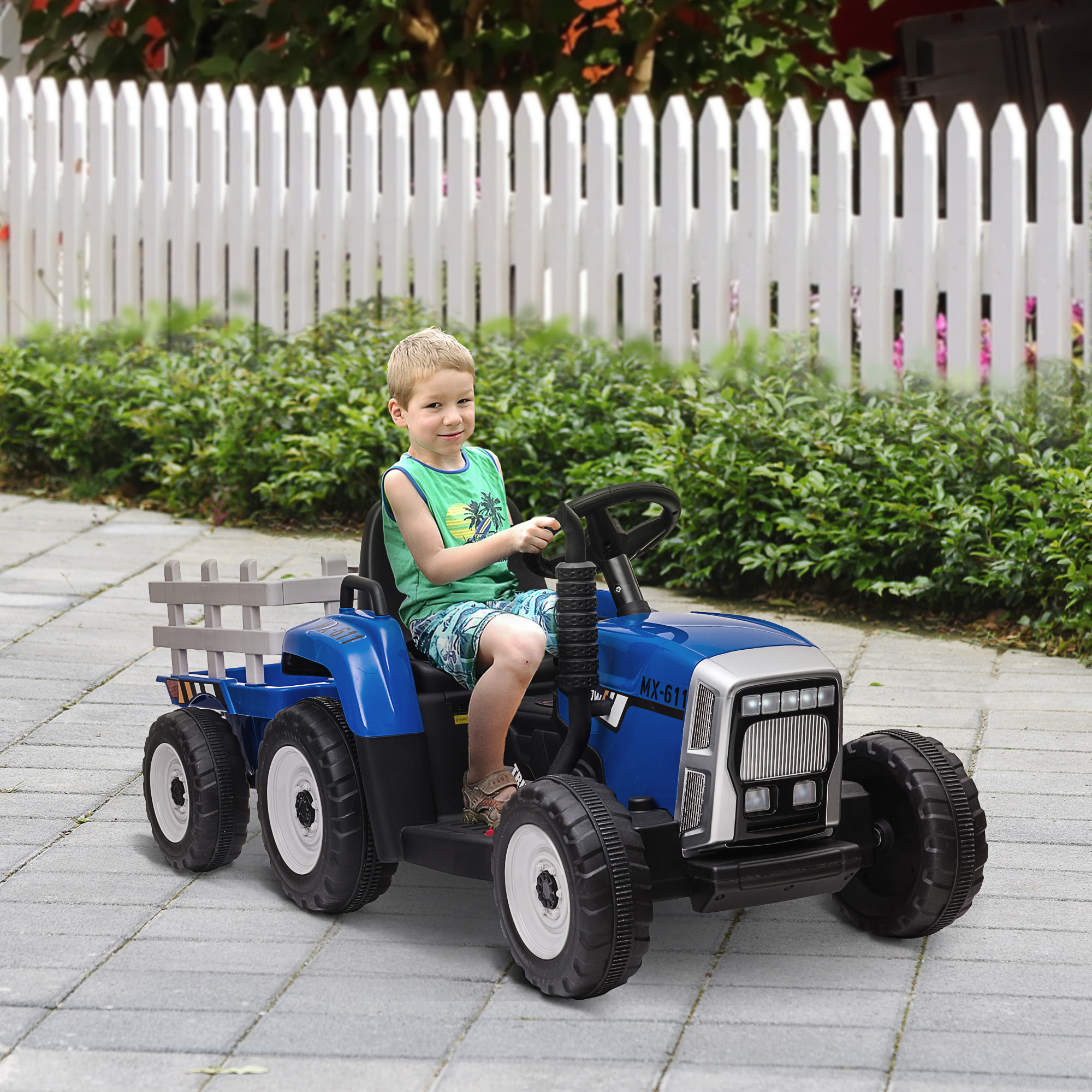 Tracteur électrique avec remorque amovible, voiture électrique enfants de 3 à 6 ans avec télécommande MP3 musique affichage lumières et ceinture de sécurité, 12V 3-6 km/h, bleu